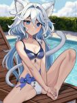  1girl :&lt; animal_ear_fluff animal_ears bare_arms bare_legs bare_shoulders barefoot beach_chair bikini blue_bow blue_eyes blue_hair blue_nails bow breasts cat_ears cat_tail cleavage collarbone commentary furina_(genshin_impact) genshin_impact hair_intakes highres kemonomimi_mode long_hair looking_at_viewer medium_breasts mismatched_bikini nail_polish navel no_headwear pool sitting solo stomach swimsuit tail thighs toenail_polish toenails very_long_hair vickie_(cryingrobot) water white_hair 