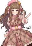  1girl artist_name bead_necklace beads blunt_bangs blush brown_dress brown_hair closed_mouth dress floral_print frilled_sleeves frills hair_ribbon high_belt highres idolmaster idolmaster_cinderella_girls idolmaster_cinderella_girls_starlight_stage jewelry kamiya_nao long_hair looking_at_viewer necklace pink_headwear pink_ribbon plaid plaid_dress red_eyes ribbon scrunchie see-through see-through_sleeves smile solo thick_eyebrows two_side_up uroboros_t v 