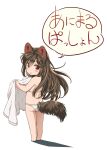  1girl animal_ears ass bare_arms bare_legs bare_shoulders barefoot bikini blush brown_hair full_body highres holding imaizumi_kagerou long_hair parted_lips red_eyes simple_background solo standing swimsuit tail touhou translated white_background white_bikini wolf_ears wolf_tail yudepii 