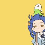  1girl :&lt; amamiya_kokoro animal_on_head backpack bag beret bird bird_on_head black_headwear black_ribbon blue_hair blue_jacket commentary_request dinosaur floating_hair forehead half-closed_eyes hat holding_strap jacket juliet_sleeves kyoufuu_all_back_(vocaloid) leaning_to_the_side long_hair long_sleeves looking_at_viewer neck_ribbon negative_space nijisanji no_pupils on_head parody puffy_sleeves raised_eyebrows ribbon second-party_source simple_background solo style_parody taneda_yuuta upper_body virtual_youtuber yellow_background yellow_eyes 