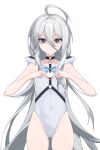  1girl absurdres ahoge blue_eyes closed_mouth covered_navel cowboy_shot expressionless flat_chest frown grey_hair groin hair_between_eyes hands_up heart heart_hands highres hood hood_down leotard long_hair looking_at_viewer original shaded_face simple_background solo very_long_hair white_background white_leotard yume_(454565427) 