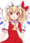  1girl :o absurdres ascot blonde_hair blush bow breasts buttons collared_shirt commentary crystal fang flandre_scarlet frilled_shirt_collar frills hair_between_eyes hand_up hat hat_bow heart heart-shaped_pupils highres jewelry looking_at_viewer medium_breasts mob_cap multicolored_wings one_side_up open_mouth puffy_short_sleeves puffy_sleeves red_bow red_eyes red_skirt red_vest shinonome_asu shirt short_hair short_sleeves simple_background skirt skirt_set solo split_mouth symbol-shaped_pupils teeth tongue touhou twitter_username upper_body upper_teeth_only vest white_background white_headwear white_shirt wings wrist_cuffs yellow_ascot 