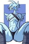  absurd_res anthro areola avian birb_allegro bird blush breasts clothed clothing embarrassed feather_hands feathers female hi_res looking_at_viewer meme navel nipple_outline panties shoulder_tuft simple_background skimpy solo tuft tweetfur twitter twitter_logo under_boob underwear 