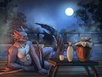  anthro blue_body capcom clothing flying_wyvern full_moon hi_res hot_spring light looking_at_viewer lying male monster_hunter moon moonlight muscular muscular_anthro muscular_male nargacuga night on_side scalie shirtless sky solo swimming_trunks swimwear tess_something water 