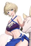  1girl abs ahoge armpit_crease blonde_hair blue_eyes blush breasts cleavage fire_emblem fire_emblem_engage gonzarez hand_on_own_hip highres merrin_(fire_emblem) navel petting simple_background smile white_background wolf 