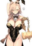  1girl 360_(taiyo360) absurdres animal_ear_fluff animal_ears arknights arm_behind_head arm_up black_bow black_bowtie black_leotard bow bowtie braid breasts brown_eyes brown_hair cleavage closed_mouth covered_navel cowboy_shot detached_collar extra_ears gauntlets groin hair_bow hammer highres holding holding_hammer large_breasts leotard long_hair looking_at_viewer penance_(arknights) simple_background single_braid single_gauntlet solo squiggle strapless strapless_leotard sweat thigh_gap v-shaped_eyebrows white_background wolf_ears 