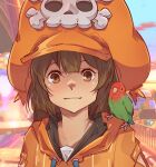  1girl animal_on_shoulder bird bird_on_shoulder brown_eyes brown_hair cabbie_hat guilty_gear guilty_gear_strive hat hat_ornament highres hood hoodie long_hair long_sleeves looking_at_viewer lovebird may_(guilty_gear) mil17459623 orange_headwear orange_hoodie skull_and_crossbones skull_hat_ornament smile 