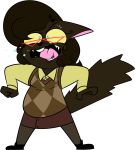  2016 4_fingers alpha_channel anthro biped black_clothing black_eyebrows black_eyelashes black_footwear black_nose black_shoes blue_eyes bodily_fluids bottomwear breasts brown_body brown_bottomwear brown_clothing brown_ears brown_fur brown_hair brown_pants brown_skirt brown_tail brown_topwear brown_tuft brown_vest burping cadence_bonaventura checkered_clothing cheek_tuft chokovit_(artist) clothed clothed_anthro clothed_female clothing colored curled_hair digital_drawing_(artwork) digital_media_(artwork) domestic_cat eyebrow_through_hair eyebrows facial_tuft felid feline felis female fingers fluffy fluffy_tail footwear front_view full-length_portrait fur hair hi_res mammal no_pupils pants pattern_clothing pink_inner_ear pink_tongue portrait puffed_tail saliva shirt simple_background skirt small_breasts solo standing sweat sweatdrop sweater sweater_vest tail teeth tongue topwear translucent translucent_hair transparent_background tuft vest wide_stance yellow_clothing yellow_sclera yellow_shirt yellow_topwear york_chocolate 