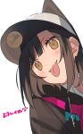  1girl animal_ears animal_hat baseball_cap black_hair blunt_bangs blush cat_ears cat_hat collared_shirt commentary_request denonbu fake_animal_ears hat kurogane_tama kuzuya_ramurin looking_at_viewer shirt short_hair simple_background smile solo tongue tongue_out upper_body white_background yellow_eyes 