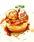  absurdres food food_focus highres ice_cream leaf no_humans oikawa_2301 original pancake plate simple_background still_life whipped_cream white_background 