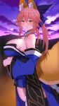  1girl :d absurdres animal_ear_fluff animal_ears arind_yudha bare_shoulders blue_sleeves blush breasts detached_sleeves fate/extra fate/grand_order fate_(series) fox_ears fox_girl fox_tail from_side hair_ornament highres japanese_clothes large_breasts long_hair long_sleeves looking_at_viewer looking_to_the_side parted_lips pink_hair smile tail tamamo_(fate) tamamo_no_mae_(fate/extra) yellow_eyes 