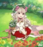  1girl artist_logo blunt_bangs blurry blurry_background blurry_foreground breasts brown_hair collarbone commentary_request depth_of_field detached_leggings dress english_commentary feet fire_emblem fire_emblem_heroes flower full_body gold_trim grass hair_flower hair_ornament highres holding long_hair looking_at_viewer mixed-language_commentary nail_polish open_mouth outdoors pink_eyes pink_nails r3dfive red_shorts sandals shiny_clothes shorts solo squatting teeth thighs toenail_polish toenails toes upper_teeth_only veronica_(fire_emblem) veronica_(spring)_(fire_emblem) white_dress wide_sleeves 