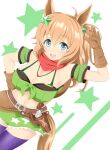  1girl absurdres animal_ears arm_up armpits bandana bandeau bare_shoulders belt blue_eyes blush breasts brown_belt brown_gloves cleavage commentary_request detached_sleeves dutch_angle gloves green_bandeau green_skirt gun gurukorian hair_between_eyes hair_ornament highres holstered horse_ears horse_girl horse_tail large_breasts looking_at_viewer medium_hair midriff navel ponytail purple_thighhighs red_bandana revolver short_sleeves simple_background skirt solo star_(symbol) star_hair_ornament taiki_shuttle_(umamusume) tail thighhighs umamusume waving weapon white_background 