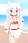  1girl absurdres animal_ears arctic_fox_(kemono_friends) bad_hands bare_shoulders beach bikini blue_sky blush breasts brown_eyes cleavage closed_mouth cloud cloudy_sky collarbone day fox_ears fox_girl fox_tail grey_hair hair_between_eyes hand_up highres horizon kemono_friends long_hair looking_at_viewer medium_breasts navel ocean outdoors sand shin01571 sky smile solo swimsuit tail very_long_hair water white_bikini wrist_cuffs 