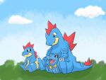  blue_sky claws cloud croconaw evolutionary_line fangs feraligatr mimi_livly no_humans nostrils open_mouth outdoors pokemon pokemon_(creature) red_eyes sharp_teeth sitting sky teeth totodile yellow_eyes 