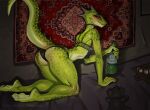  anthro argonian bethesda_softworks beverage blush bra breasts clothing deeja drunk female green_body holding_beverage holding_object johnfoxart looking_at_viewer orange_eyes panties scalie solo substance_intoxication tail the_elder_scrolls underwear 