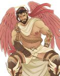  1boy absurdres arrow_(projectile) asian bara beard brown_hair cupid_hanzo dilfborne_(ventiskull) facial_hair feathered_wings feet_out_of_frame hanzo_(overwatch) heart_pasties highres large_pectorals loincloth male_focus muscular muscular_male official_alternate_costume overwatch pasties pectorals pink_wings short_hair sitting smile solo thick_eyebrows tiara valentine wings 