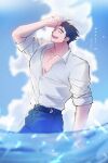  1boy :d absurdres bara blue_sky closed_eyes cloud cloudy_sky collared_shirt doku_(hitori_ox) feet_out_of_frame hand_on_own_face hand_up highres large_pectorals long_sideburns male_focus muscular muscular_male partially_unbuttoned pectoral_cleavage pectorals protagonist_3_(housamo) shirt short_hair sideburns sky smile solo standing thick_eyebrows tokyo_afterschool_summoners wading wet 