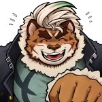  1boy ^_^ animal_ears animal_nose bara brown_fur closed_eyes commentary_request fangs furry furry_male gakuran gradient_hair green_hair green_shirt hand_up happy_aura highres hombre_tigre_(housamo) huge_eyebrows light_brown_hair male_focus multicolored_hair neck_fur open_mouth school_uniform shirt short_hair simple_background smile solo tanaka_no_azumi tiger_boy tiger_ears tokyo_afterschool_summoners upper_body white_background 
