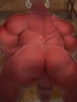  2_horns anthro anus balls bovid bovine butt cattle freddyv7205172 genitals hi_res horn humanoid_genitalia humanoid_penis male mammal muscular muscular_anthro muscular_male penis rear_view red_body solo tail 