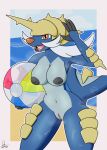  4_fingers anthro anthrofied ball beach beach_ball big_breasts black_nipples blue_body blue_pussy blue_skin blue_sky border breasts clitoris cloud dabid dated facial_hair fangs female fingers front_view generation_5_pokemon genitals gesture hair hi_res holding_beach_ball horn inflatable inverted_nipples nintendo nipples nude open_mouth orange_eyes orange_nose outline pink_clitoris pink_pussy pink_tongue pokemon pokemon_(species) portrait pupils pussy samurott sea seaside shell signature sky slit_pupils solo tail tan_shell teeth three-quarter_portrait tongue translucent_beach_ball two_tone_pussy water waving wet white_border white_hair white_outline 