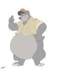  2021 anthro baloo bear belly big_belly bottomless bottomless_anthro bottomless_male canson chubby_anthro chubby_male claws clothed clothing disney fur hat headgear headwear hi_res jacket looking_aside looking_away male mammal mouth_closed overweight overweight_anthro overweight_male signature slightly_chubby solo standing talespin the_jungle_book toe_claws topwear 