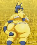  2022 absurd_res animal_crossing ankha_(animal_crossing) anthro bandage big_breasts big_butt blush breasts butt digital_media_(artwork) domestic_cat english_text eyebrows felid feline felis female fingers hair half-closed_eyes hands_on_hips hi_res hieroglyphics huge_breasts huge_butt huge_thighs hyper hyper_butt looking_down mammal mostly_nude narrowed_eyes nintendo overweight overweight_anthro overweight_female signature solo tail text thick_thighs wide_hips xxsparcoxx 