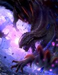  bearluxe black_scales black_wings capcom claws dragon dragon_wings gore_magala horns monster monster_hunter_(series) no_humans purple_horns purple_sky scales sky spiked_tail structure tail wings 