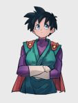  1girl black_hair blue_eyes bodysuit cape closed_mouth crossed_arms dragon_ball dragon_ball_z gloves great_saiyaman_2 grey_background kemachiku looking_at_viewer looking_up purple_bodysuit red_cape short_hair simple_background solo spiked_hair videl white_gloves 