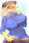  absurd_res anthro big_breasts blonde_hair blue_background blue_clothing blue_shirt blue_topwear blush bodily_fluids breasts clothing dragon eyelashes female ginko0101 green_eyes hair hat headgear headwear hi_res huge_breasts looking_at_viewer shirt simple_background solo standing steam sweat sweatdrop topwear wingless_dragon yellow_body 