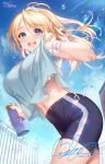  1girl ayase_eli bike_shorts blonde_hair blue_eyes blue_shirt bottle bra bra_peek breasts clothes_lift dated floating_hair from_below from_side hair_ornament hair_scrunchie highres hozumi_kaoru large_breasts leaning_forward light_blush linea_alba long_hair looking_at_viewer love_live! midriff_peek navel outdoors ponytail scrunchie shirt shirt_lift short_shorts shorts signature sky solo stomach sunlight sweat swept_bangs tareme underwear water_bottle water_drop wristband 