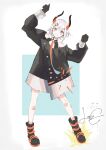  1girl absurdres arms_up black_gloves blurry blurry_background blush boots demon_horns fang full_body gloves grey_eyes grey_hair head_tilt highres horns levi_elipha levi_elipha_(1st_costume) long_sleeves nijisanji ogura_tubuan short_hair sketch skin_fang smile solo standing two-tone_background virtual_youtuber white_background 