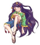  1girl alphes_(style) black_hair blue_shorts dairi flip-flops full_body green_shirt horns long_hair long_sleeves nippaku_zanmu oni_horns open_mouth parody red_eyes sandals shirt shorts solo standing style_parody tachi-e tears touhou wide_sleeves 