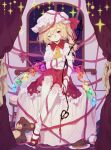  1girl adapted_costume arm_ribbon ascot bare_shoulders blonde_hair bobby_socks cake crystal cup curtains flandre_scarlet food fork frilled_skirt frills fruit full_body guozimiao hair_between_eyes hat head_tilt highres holding holding_polearm holding_weapon indoors laevatein_(touhou) looking_at_viewer mary_janes medium_hair mob_cap multicolored_wings one_eye_closed pink_ribbon plate polearm red_footwear red_skirt ribbon shirt shoes sitting sitting_on_table skirt socks solo strawberry stuffed_animal stuffed_toy tablecloth teacup teddy_bear touhou weapon white_headwear white_shirt white_socks window wings wooden_stool yellow_ascot 