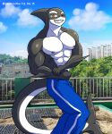  abs absurd_res alkan anthro big_chest big_pecs black_body bottomwear cetacean clothing dolphin dovel hi_res male mammal marine muscular muscular_anthro muscular_male nipples oceanic_dolphin orca pants pecs smile solo toothed_whale winking_eye yellow_eyes 