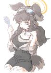  1girl animal_ears bare_shoulders black_hair blue_archive blush breasts camisole dog_ears dog_girl dog_tags dog_tail electric_fan goggles goggles_on_head hair_ornament halo hand_fan hariyaa hibiki_(blue_archive) highres holding holding_fan hot sitting solo sweat tail tongue tongue_out white_background yellow_halo 