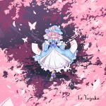  1girl absurdres aqua_dress blue_bow bow bug butterfly cherry_blossoms dark_background dress frilled_dress frills ghost hand_fan hat highres holding holding_fan paper_fan petals pink_eyes pink_hair primsla ribbon-trimmed_sleeves ribbon_trim saigyouji_yuyuko touhou waist_bow white_dress 