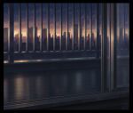  akafune balcony black_border border building city cityscape cloud cloudy_sky commentary_request evening glass_door indoors no_humans open_door original railing reflective_floor scenery signature sky sliding_doors sunset tile_floor tiles 