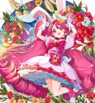  1girl absurdres animal_ears arms_up bamboo boots bow bubble_skirt cake_hair_ornament chinese_zodiac cure_whip dress earrings extra_ears flower food food-themed_hair_ornament fruit gloves hair_ornament highres jewelry jumping kadomatsu kirakira_precure_a_la_mode legs_up long_hair looking_at_viewer magical_girl new_year pink_dress pink_eyes pink_footwear pink_hair pom_pom_(clothes) pom_pom_earrings precure puffy_short_sleeves puffy_sleeves rabbit_ears rabbit_pose red_bow red_flower red_rose ringlets rose short_dress short_sleeves skirt smile solo strawberry twintails usami_ichika very_long_hair white_gloves year_of_the_rabbit yuutarou_(fukiiincho) 