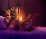  absurd_res ambiguous/ambiguous ambiguous_gender anthro anthro_on_anthro bedding bedding_background black_body caid_(mudorios) candle candlelight claws digital_media_(artwork) duo entwined_tails feet from_front_position hi_res horn jarnqk kobold light lumi_the_kobold lying missionary_position nude on_back on_bottom on_top orange_body pillow scalie sex shaded spiked_tail spikes spikes_(anatomy) tail tail_around_tail tail_coil toe_claws 