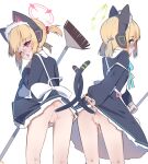  2girls alternate_costume anal_tail animal_ear_headphones animal_ears apron aqua_ribbon ass black_dress blonde_hair blue_archive blue_bow blush bow broom cat_ear_headphones cat_tail censored clothes_lift commentary dress enmaided fake_animal_ears fake_tail from_behind hair_bow halo headphones highres holding holding_broom intertwined_tails keyfanjun lifted_by_self looking_at_viewer maid maid_apron maid_headdress midori_(blue_archive) midori_(maid)_(blue_archive) momoi_(blue_archive) momoi_(maid)_(blue_archive) mosaic_censoring multiple_girls neck_ribbon nose_blush one_eye_closed profile pussy pussy_juice pussy_juice_trail red_bow ribbon short_hair short_twintails siblings sisters skirt skirt_lift tail tongue tongue_out twins twintails 