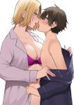  1boy 1girl blonde_hair blue_eyes blush breasts brown_eyes brown_hair collarbone earrings femdom hamazaki_reina highres imaizumi_(imaizumin-chi) imaizumin-chi_wa_douyara_gal_no_tamariba_ni_natteru_rashii imminent_kiss jewelry large_breasts nori_gorou open_clothes open_mouth panties pink_nails pink_panties short_hair simple_background underwear undressing white_background 