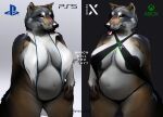  anthro band1tnsfw belly belly_overhang bikini brown_body brown_fur canid canine canis clothing console digital_drawing_(artwork) digital_media_(artwork) duo duo_focus ear_piercing english_text facial_piercing female female_focus fur group hi_res light_chest mammal mature_female meme microsoft nose_piercing nose_ring one_eye_closed orange_eyes overweight overweight_female piercing playstation portrait realistic_lighting ring_piercing simple_background sony_corporation sony_interactive_entertainment swimwear text thick_thighs tight_clothing tight_fit tongue tongue_out tongue_piercing versus wink wolf xbox xbox_game_studios 