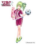  1girl asymmetrical_hair ball bow breasts center_frills character_request cinderella_eleven cinderella_series cleats collarbone copyright copyright_name drill_hair drill_sidelocks frilled_shirt frills green_footwear green_hair heart highres holding holding_ball logo official_art pink_towel purple_bow purple_shirt purple_shorts shirt shorts sidelocks soccer_ball solo teltelhousi two-tone_shirt two-tone_shorts yellow_eyes 