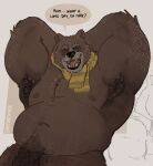  &lt;3 anthro armpit_hair bear belly big_belly blind_eye blush body_hair brown_body brown_fur casual_exposure clothed clothing dialogue dreamworks english_text eyes_closed fur genitals grey_hair hair hands_behind_head hi_res male mammal mature_anthro mature_male moobs mostly_nude musclegut muscular muscular_male nipples open_mouth open_smile overweight overweight_male papa_bear_(puss_in_boots) pecs penis penis_base puss_in_boots_(film) puss_in_boots_the_last_wish scarf scarf_only smile solo talking_to_viewer teeth text xeoniios 