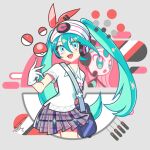  1girl :o bag blue_eyes blue_hair bow collared_shirt commentary_request eyelashes gloves grey_background hair_between_eyes handbag hatsune_miku headphones long_hair meloetta meloetta_(aria) miniskirt open_mouth plaid plaid_skirt pleated_skirt poke_ball pokemon pokemon_(creature) polo_shirt print_shirt project_voltage psychic_miku_(project_voltage) red_bow saihate_(d3) shirt short_sleeves shoulder_bag signature skirt smile tossing twintails vocaloid white_gloves white_shirt 