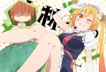  2girls ascot blonde_hair breasts brown_hair collared_shirt dragon_girl dragon_horns dragon_tail elbow_gloves eyelashes frown glasses gloves green_scales horns kobayashi-san_chi_no_maidragon kobayashi_(maidragon) maid maid_headdress medium_breasts multiple_girls necktie ogebo_go one_eye_closed orange_eyes red_ascot shaded_face shirt short_sleeves sitting slit_pupils smile tail tohru_(maidragon) tongue tongue_out twintails white_gloves white_shirt yellow_necktie 