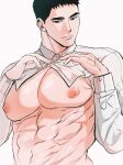  1boy abs bara bare_pectorals beware_the_ides_of_march black_hair chlthd_990 closed_mouth collared_shirt cropped_shirt highres looking_at_viewer male_focus muscular muscular_male navel nipples park_mok-hwa pectorals shirt short_hair simple_background solo upper_body white_background white_shirt 