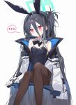  &lt;key&gt;_(blue_archive) ... 1girl absurdres alternate_costume animal_ears aris_(blue_archive) black_bow black_bowtie black_hair black_pantyhose blue_archive blush bow bowtie breasts commentary detached_collar ear_blush fake_animal_ears feet_out_of_frame flat_chest hair_over_one_eye halo highres invisible_chair jacket leotard looking_at_viewer measho multicolored_clothes multicolored_jacket one_side_up open_clothes open_jacket pantyhose playboy_bunny rabbit_ears red_eyes simple_background sitting small_breasts solo spoken_ellipsis strapless strapless_leotard sweatdrop two-tone_jacket white_background 