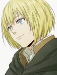  1boy armin_arlert blonde_hair blue_eyes cloak commentary_request eyebrows_hidden_by_hair green_cloak male_focus mo_cha_ri portrait profile shingeki_no_kyojin smile solo 